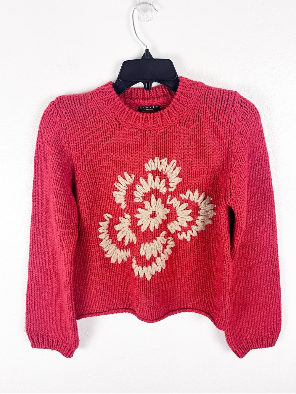 SISLEY Made In Italy Wool Blend Embroidered  Floral Sweater Size Small Boho Chic